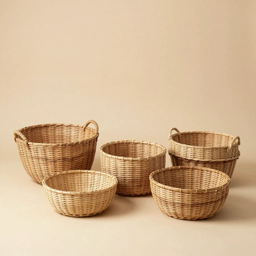 A collection of Bolga baskets on a light background